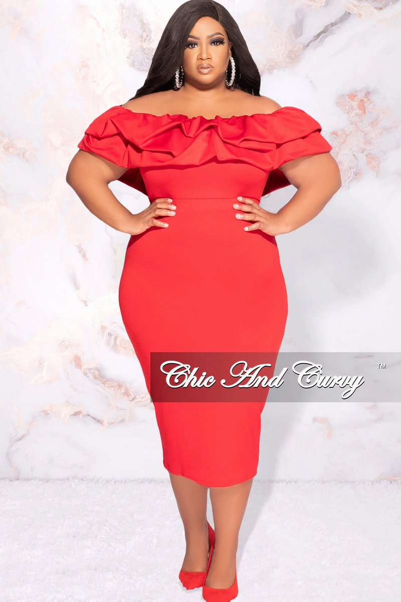 Final Sale Plus Size Off the Shoulder Ruffle BodyCon Dress in Red Comfortable Fabric