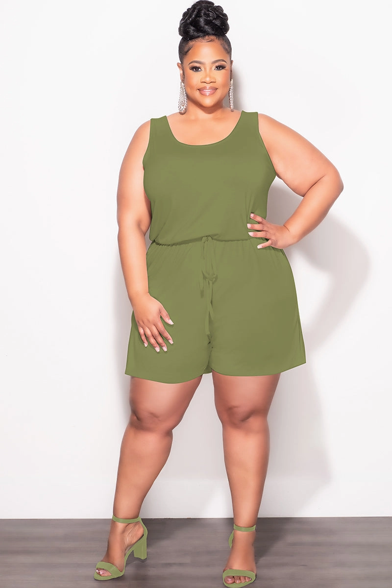 Final Sale Plus Size Sleeveless French Terry V Neck Romper in Olive Sleek Fit AntiStaticTreatment