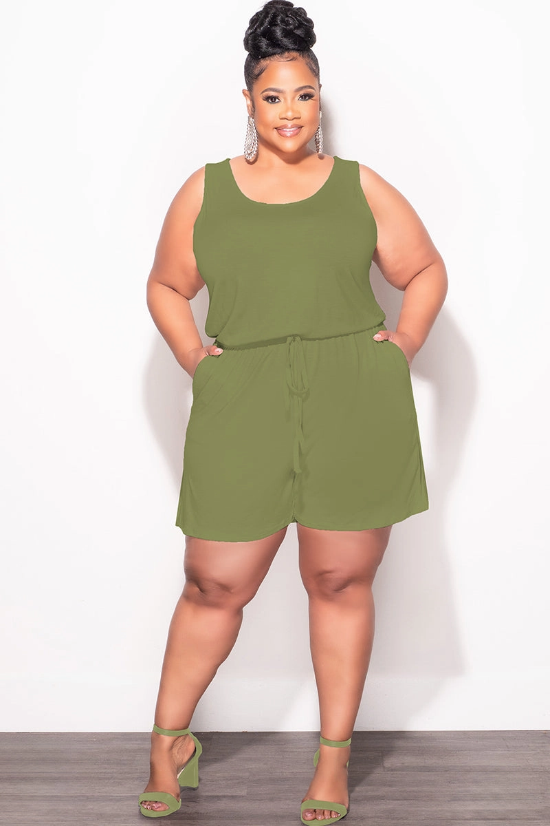 Bold Waistband Bonded Seam Technology Final Sale Plus Size Sleeveless French Terry V Neck Romper in Olive
