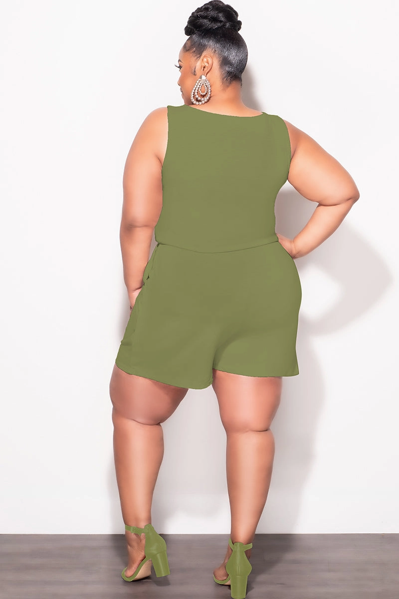 Final Sale Plus Size Sleeveless French Terry V Neck Romper in Olive Recyclable Fabric Blend Light Reflective Details