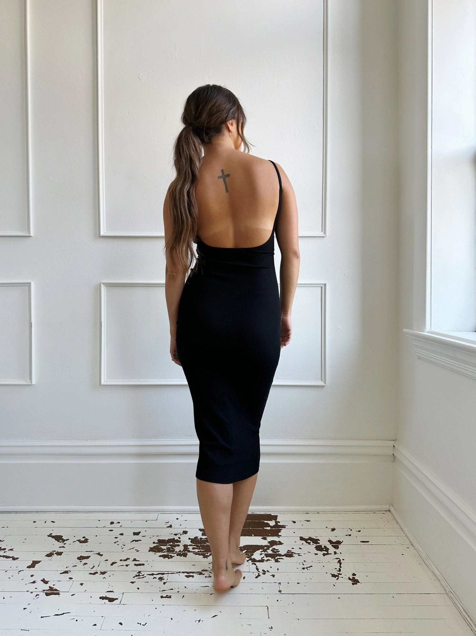 Ribbed Scoop Back Midi Dress - FINAL SALE Comfort Layer Wear Linen-Blend