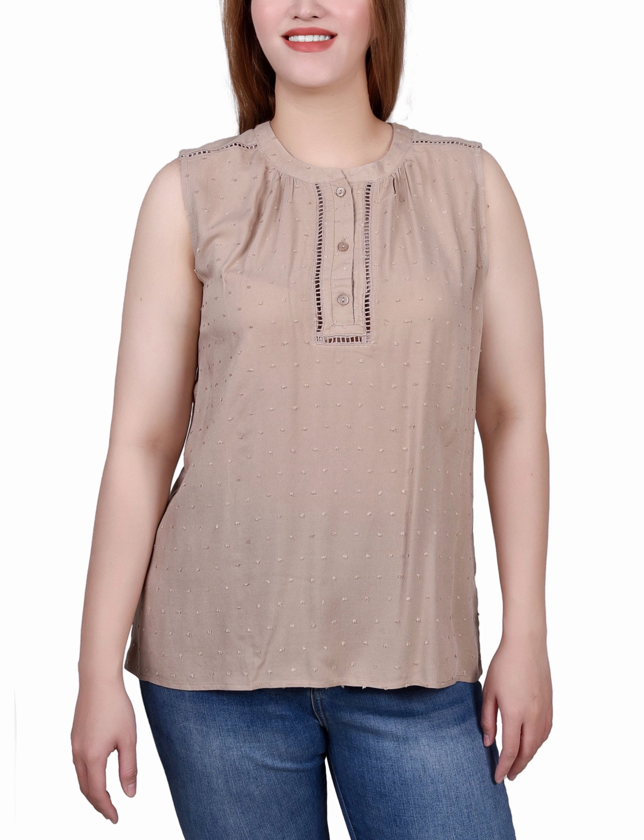 Petite Sleeveless Swiss Dot Blouse NonRestrictiveCollar Active Wear