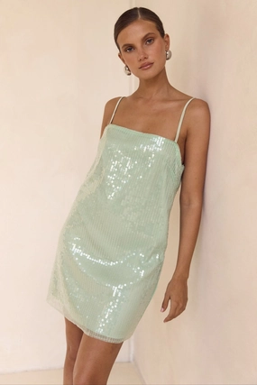 Office Cool Asymmetric-Neck Sasha Sequin Mini Dress (Mint)
