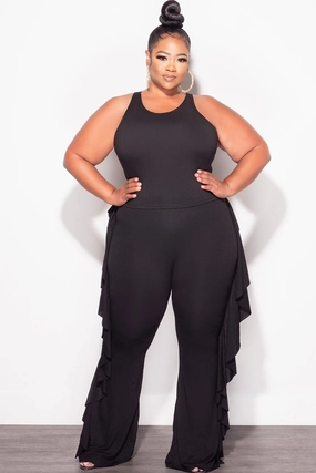 Final Sale Plus Size 2pc Sleeveless Crop Top and Ruffle Trim Pants in Black Travel Ready Fit