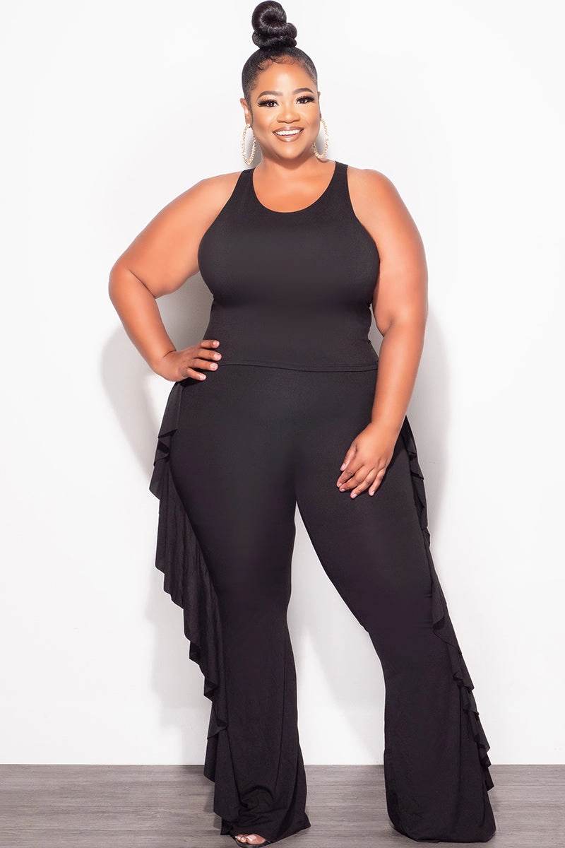 AbrasionResistant Final Sale Plus Size 2pc Sleeveless Crop Top and Ruffle Trim Pants in Black