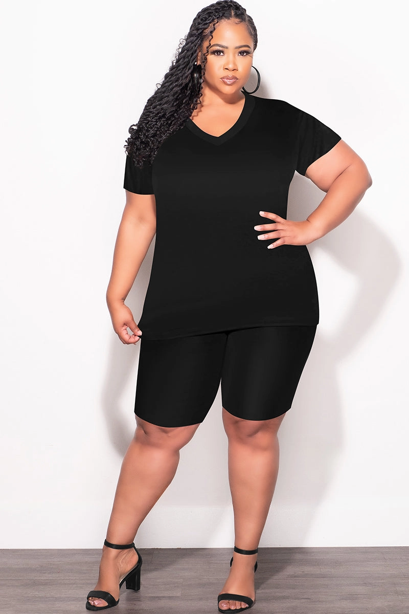 Final Sale Plus Size 2pc V Neck Biker Shorts Set in Black Soft Texture Stretch Layer Fit