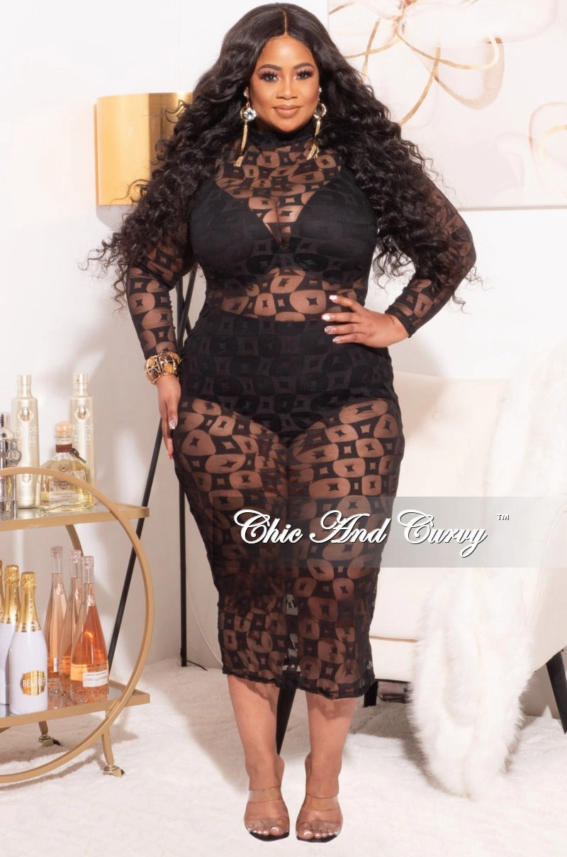 Final Sale Plus Size BodyCon In Mesh in Black Geometric Print Work Ready