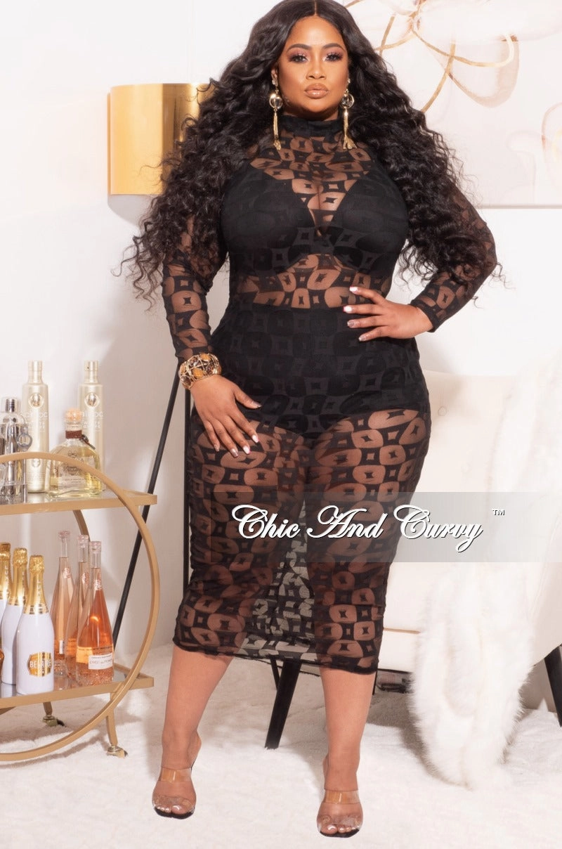Final Sale Plus Size BodyCon In Mesh in Black Geometric Print Modern Waist