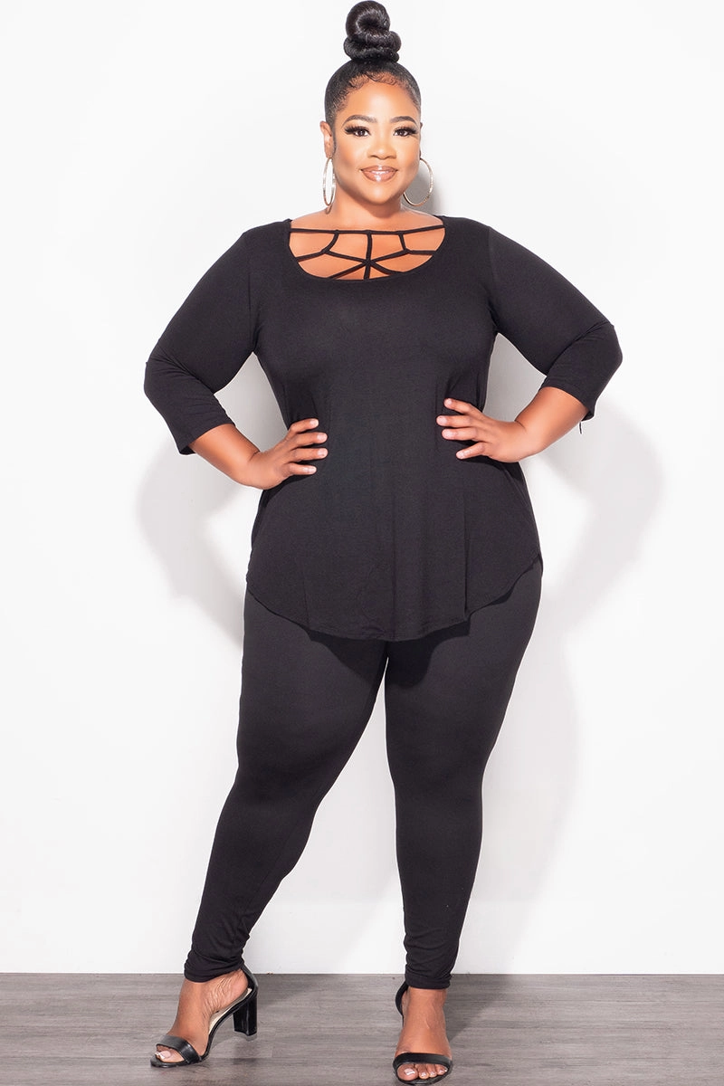 Comfortable Fashion Final Sale Plus Size 2pc Top with Crisscross Front and Match Leggings in Black
