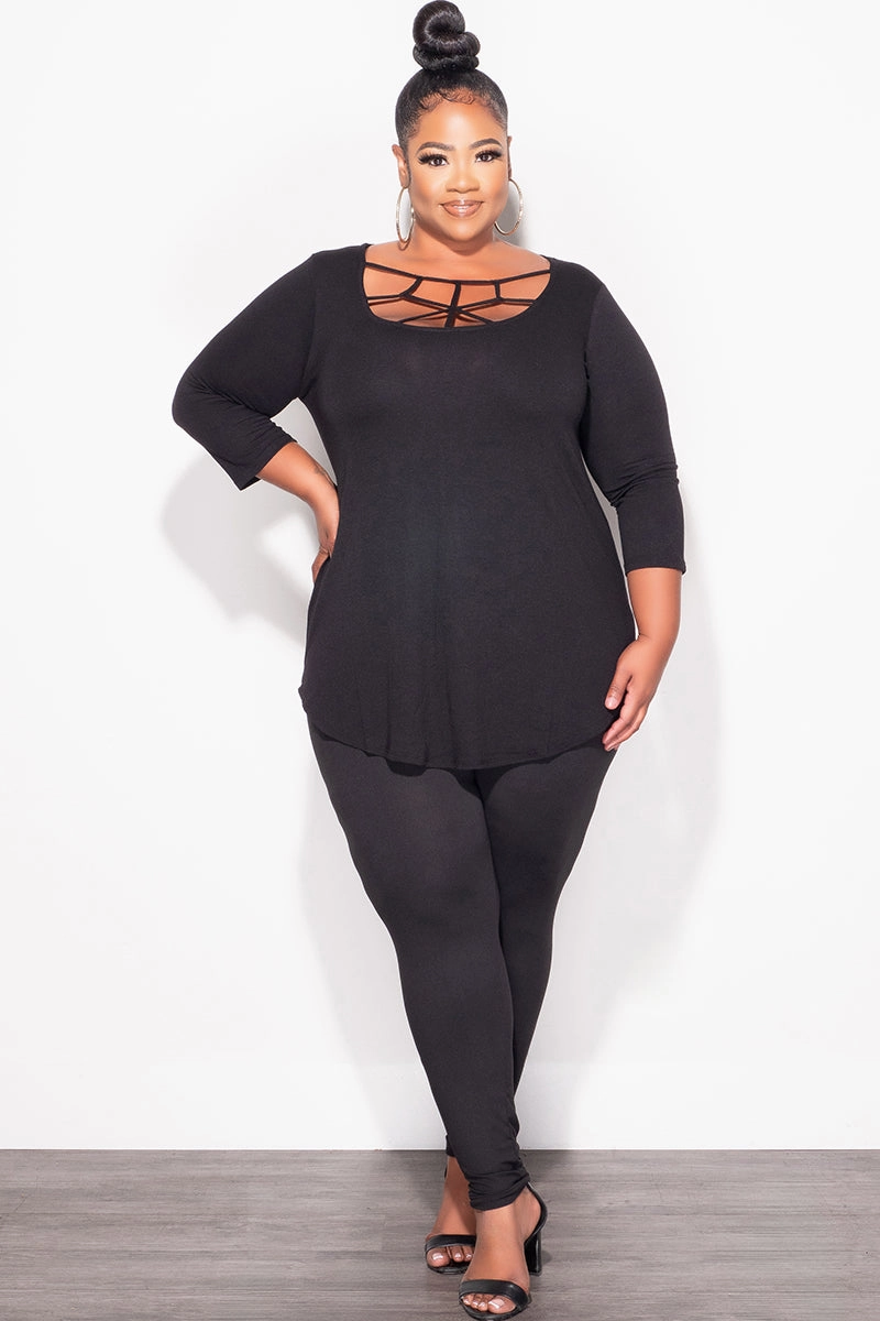 Perfectly Fit Odor Resistant Treatment Final Sale Plus Size 2pc Top with Crisscross Front and Match Leggings in Black