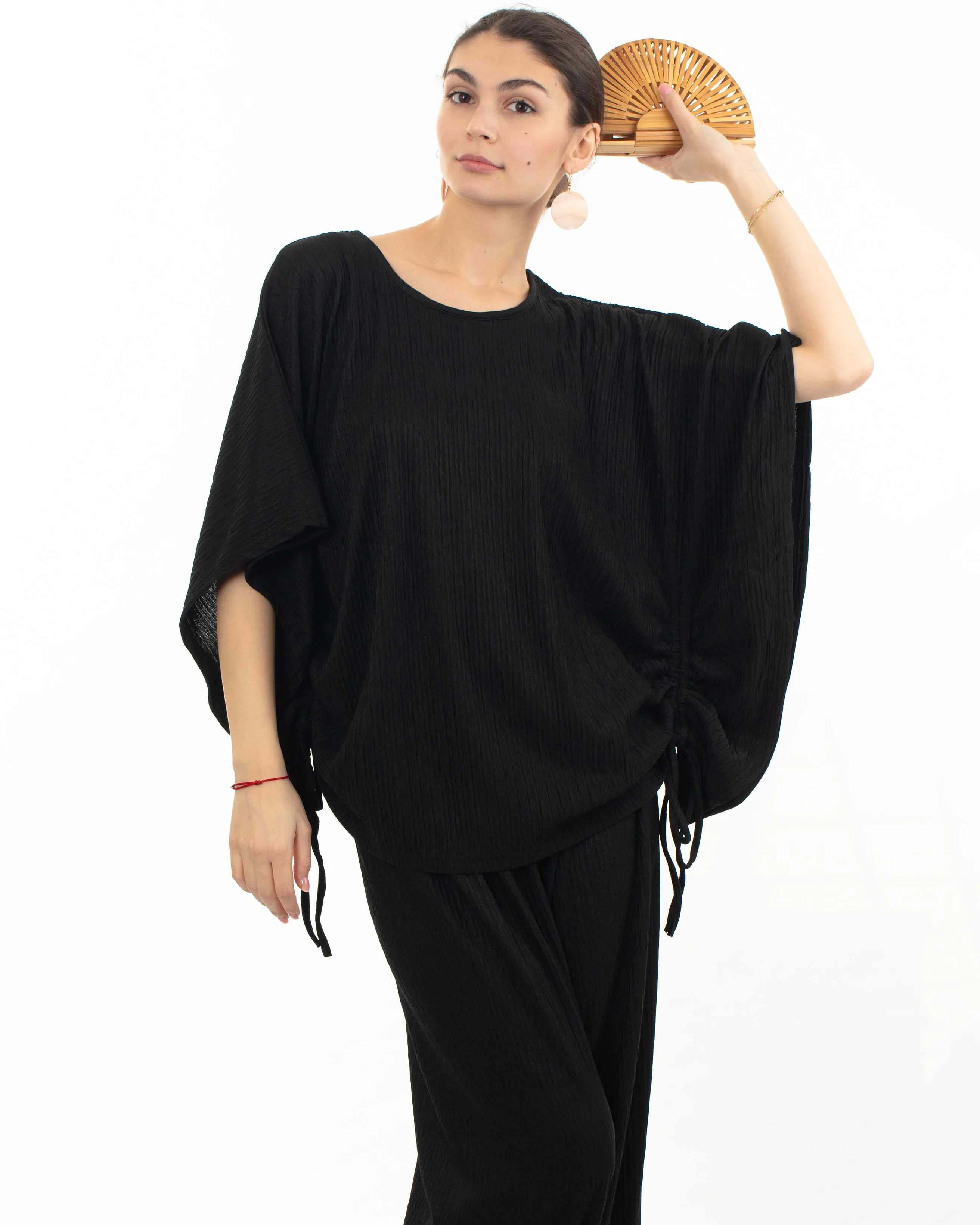Cotton blend comfort stretch-jersey Lace up top and Relaxed-fit trousers in Black