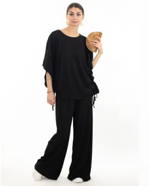 Cotton blend comfort stretch-jersey Lace up top and Relaxed-fit trousers in Black