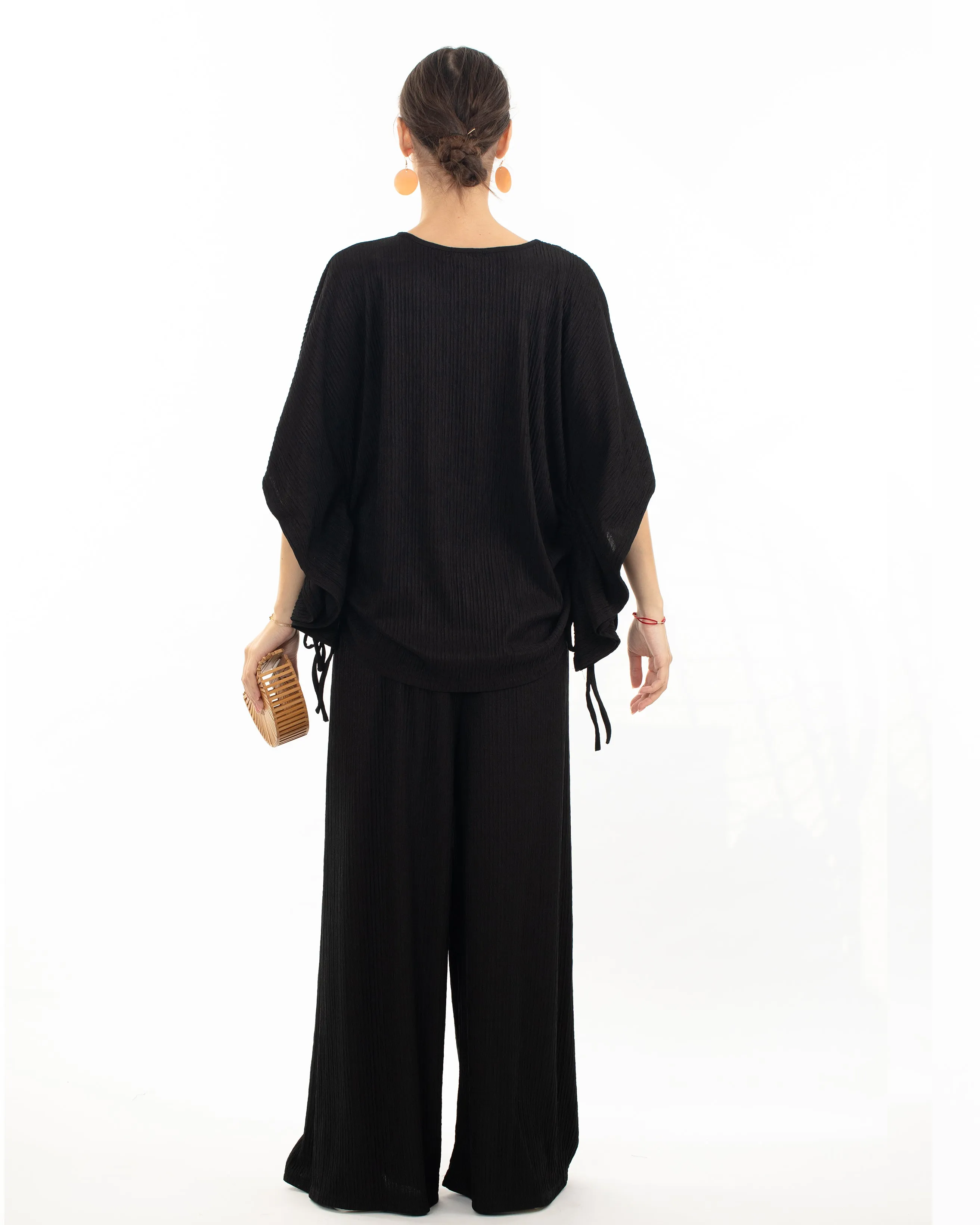 Cotton blend comfort stretch-jersey Lace up top and Relaxed-fit trousers in Black