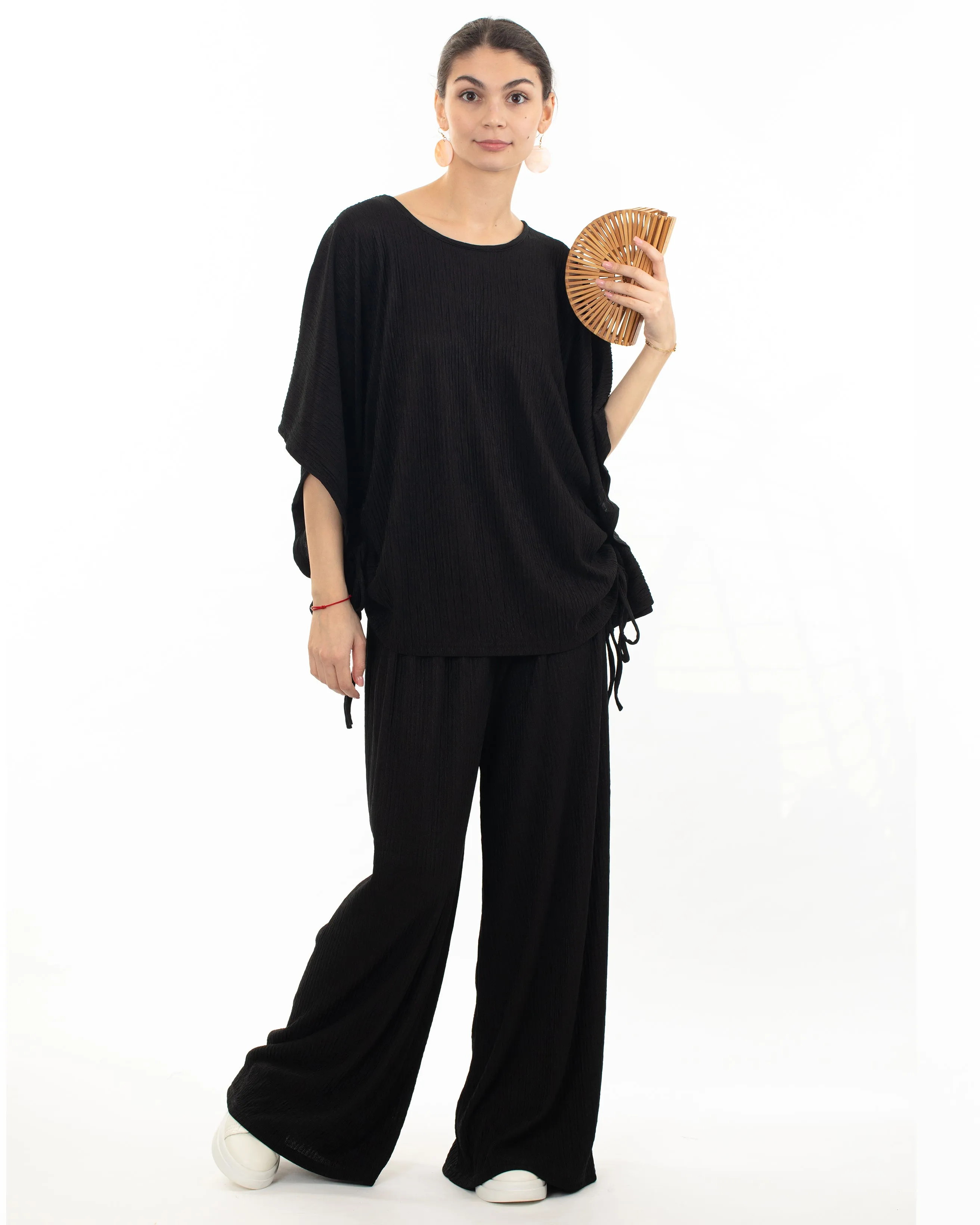 Cotton blend comfort stretch-jersey Lace up top and Relaxed-fit trousers in Black