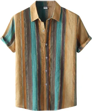 Cotton Linen Shirts for Men Floral Relaxed-Fit Vintage Casual Short Sleeve Lapel Hawaiian Summer Button Down Shirt Top