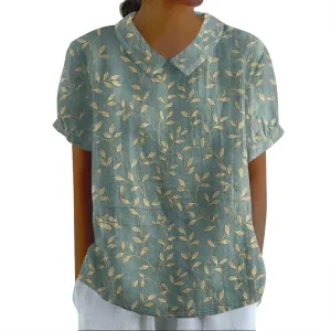 Cotton Linen Shirts for Women Summer Casual Oversized Lapel Neck Floral Graphic Tops Button Down Trendy Workout Blouses