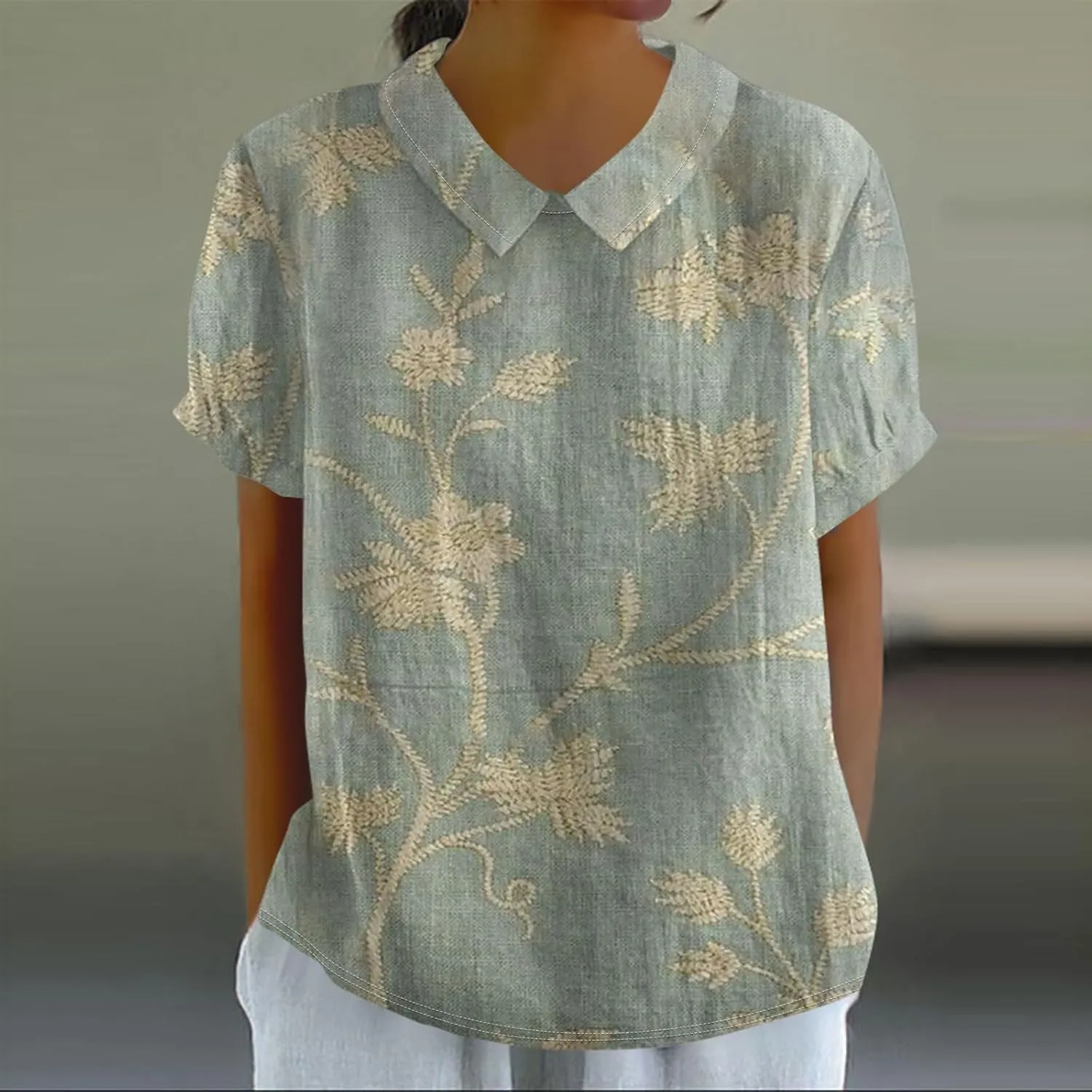 Cotton Linen Shirts for Women Summer Casual Oversized Lapel Neck Floral Graphic Tops Button Down Trendy Workout Blouses