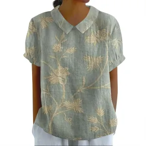 Cotton Linen Shirts for Women Summer Casual Oversized Lapel Neck Floral Graphic Tops Button Down Trendy Workout Blouses