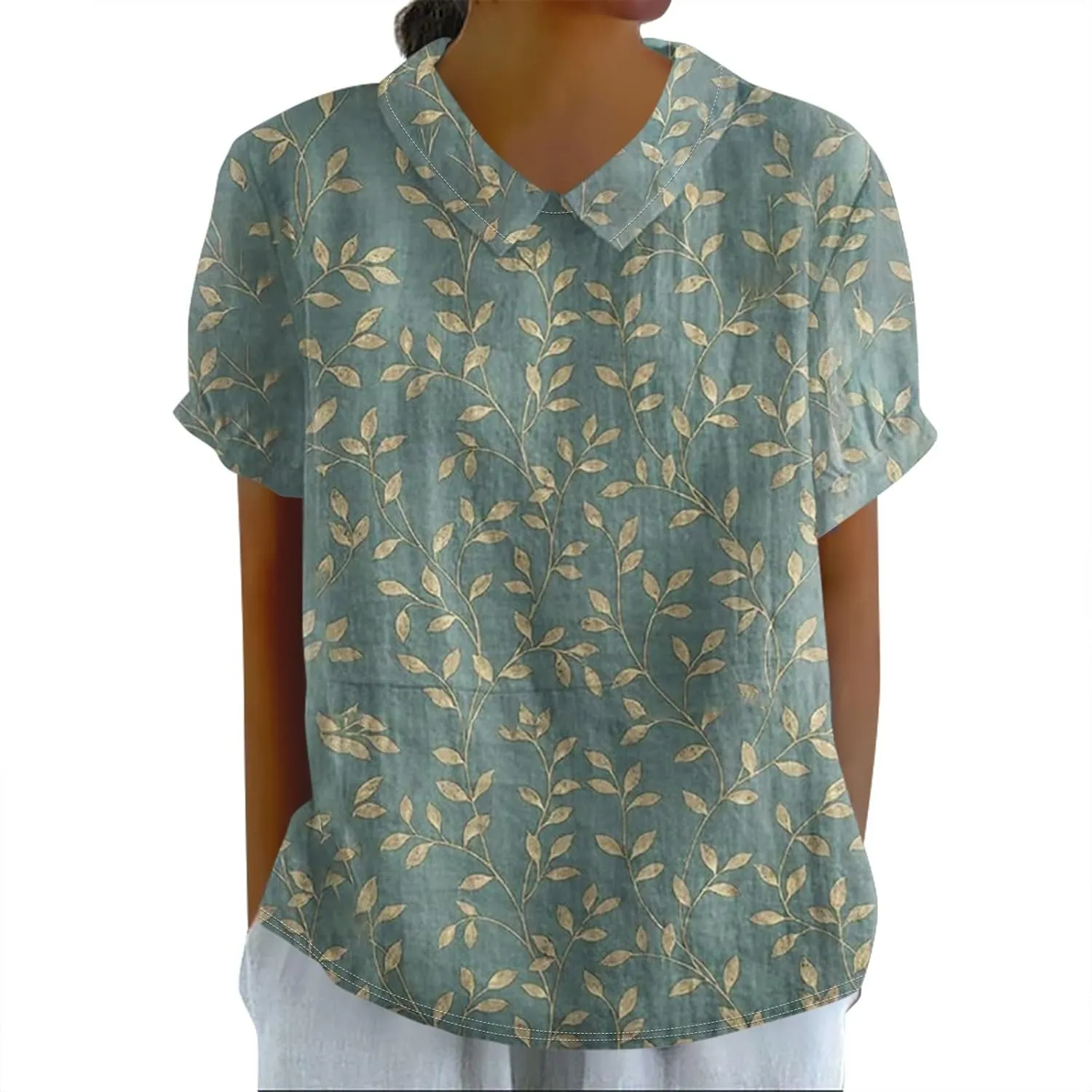 Cotton Linen Shirts for Women Summer Casual Oversized Lapel Neck Floral Graphic Tops Button Down Trendy Workout Blouses