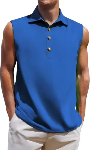 Cotton Linen Sleeveless Beach Shirts for Men Summer Casual Solid Polo Tank Top Spread Collar Button Down