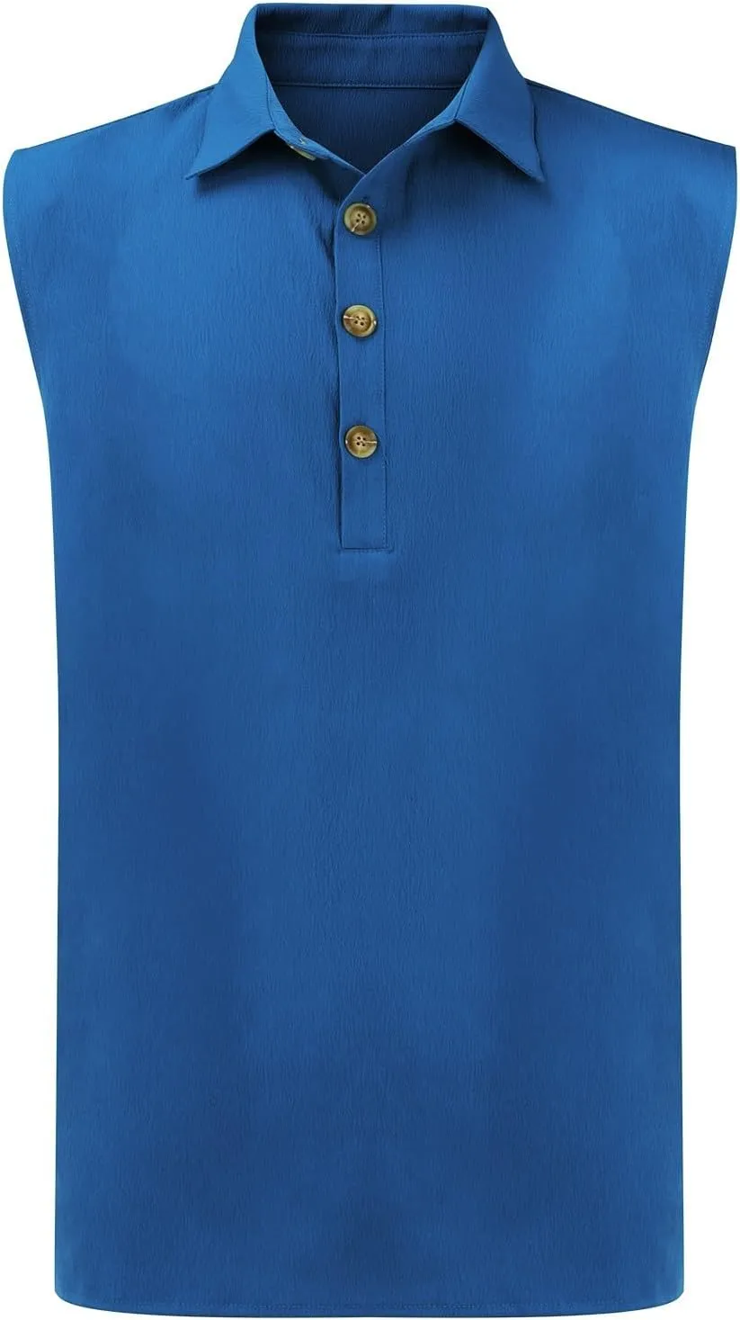 Cotton Linen Sleeveless Beach Shirts for Men Summer Casual Solid Polo Tank Top Spread Collar Button Down