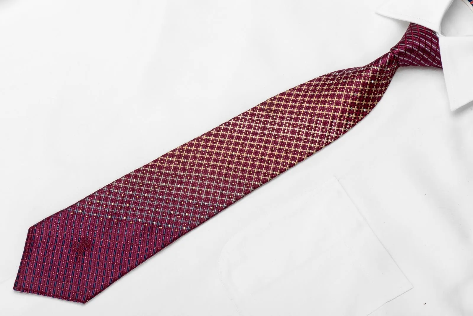Countess Mara Men's Crystal Silk Tie Gold Gray Geometric On Burgundy With Sparkles
