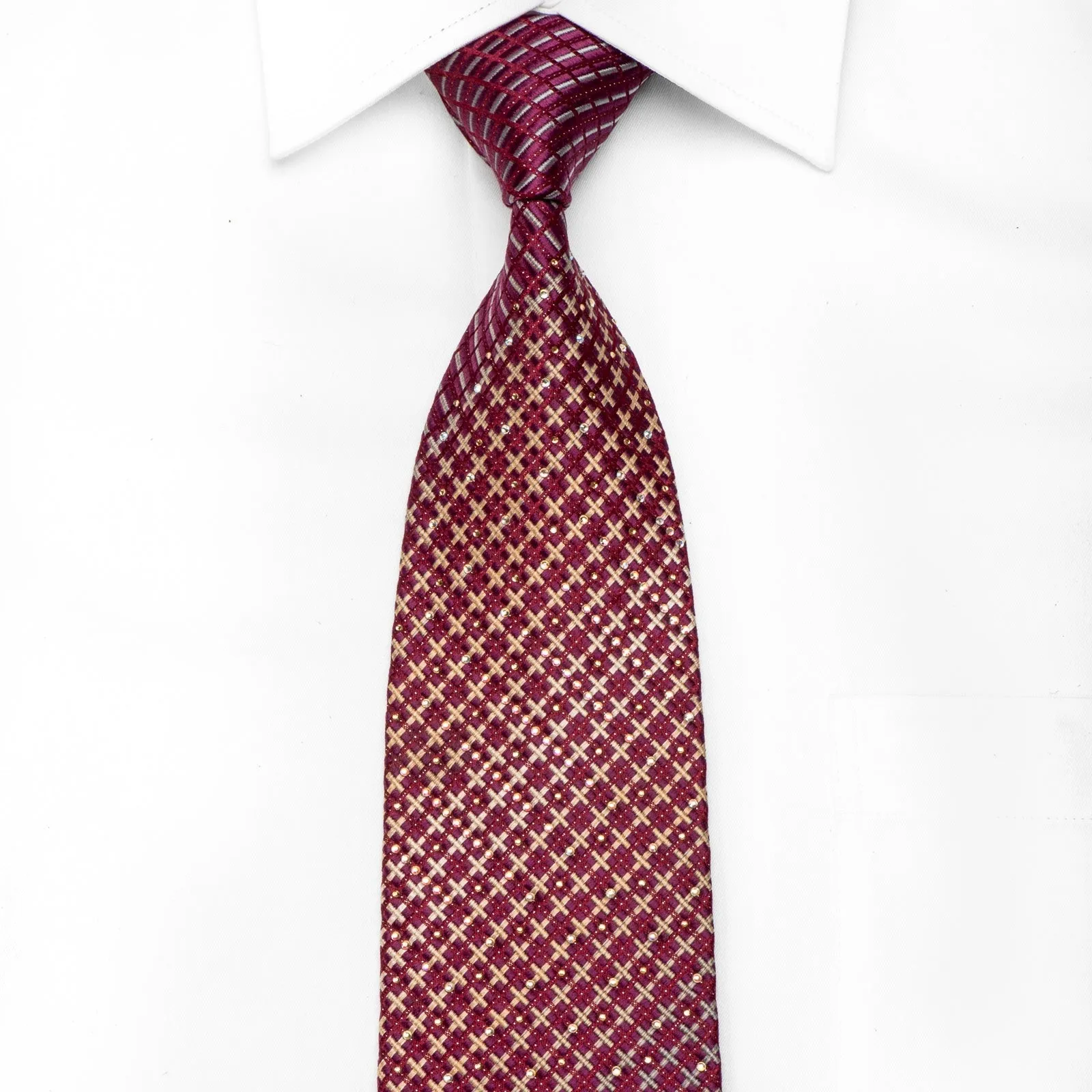 Countess Mara Men's Crystal Silk Tie Gold Gray Geometric On Burgundy With Sparkles