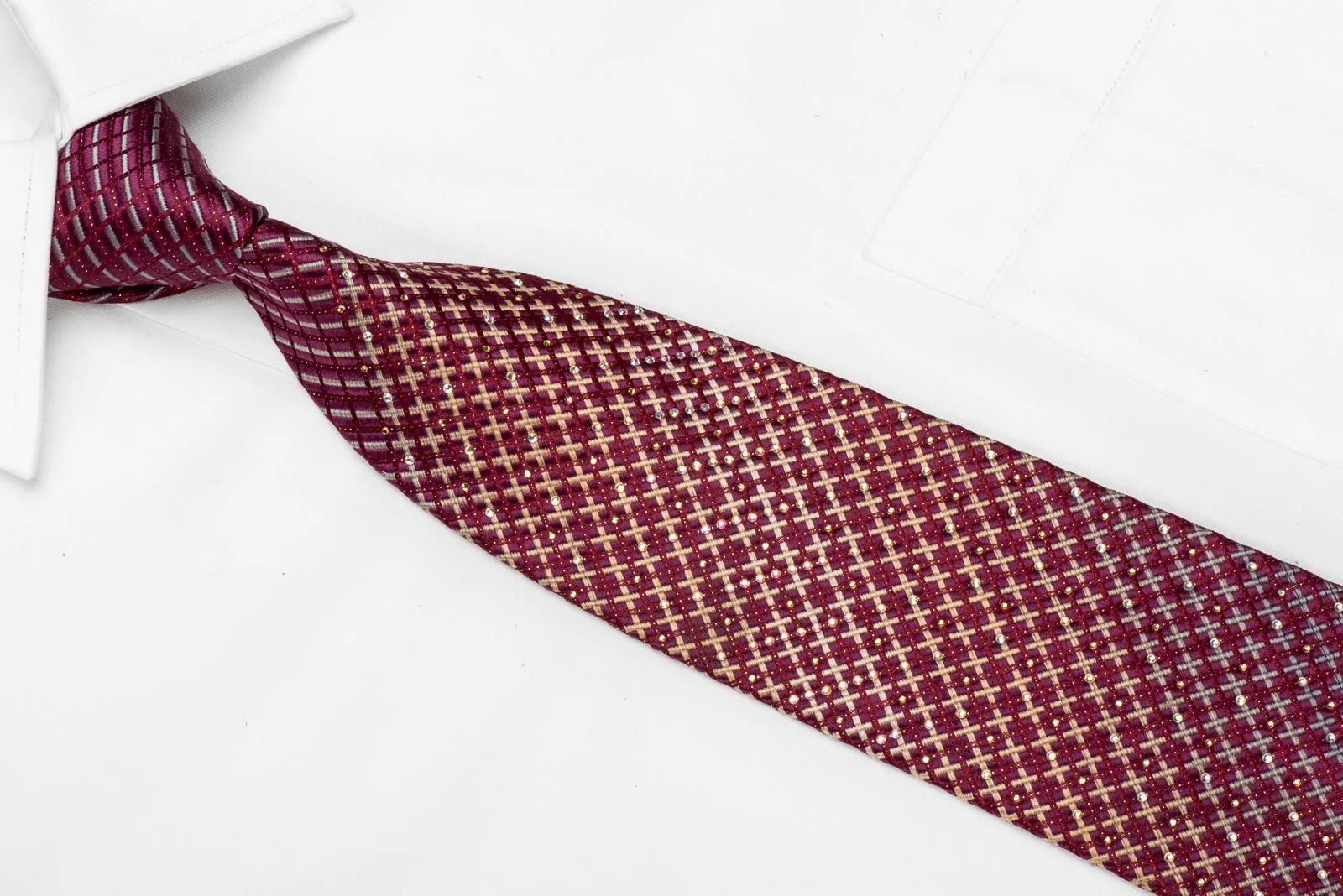 Countess Mara Men's Crystal Silk Tie Gold Gray Geometric On Burgundy With Sparkles