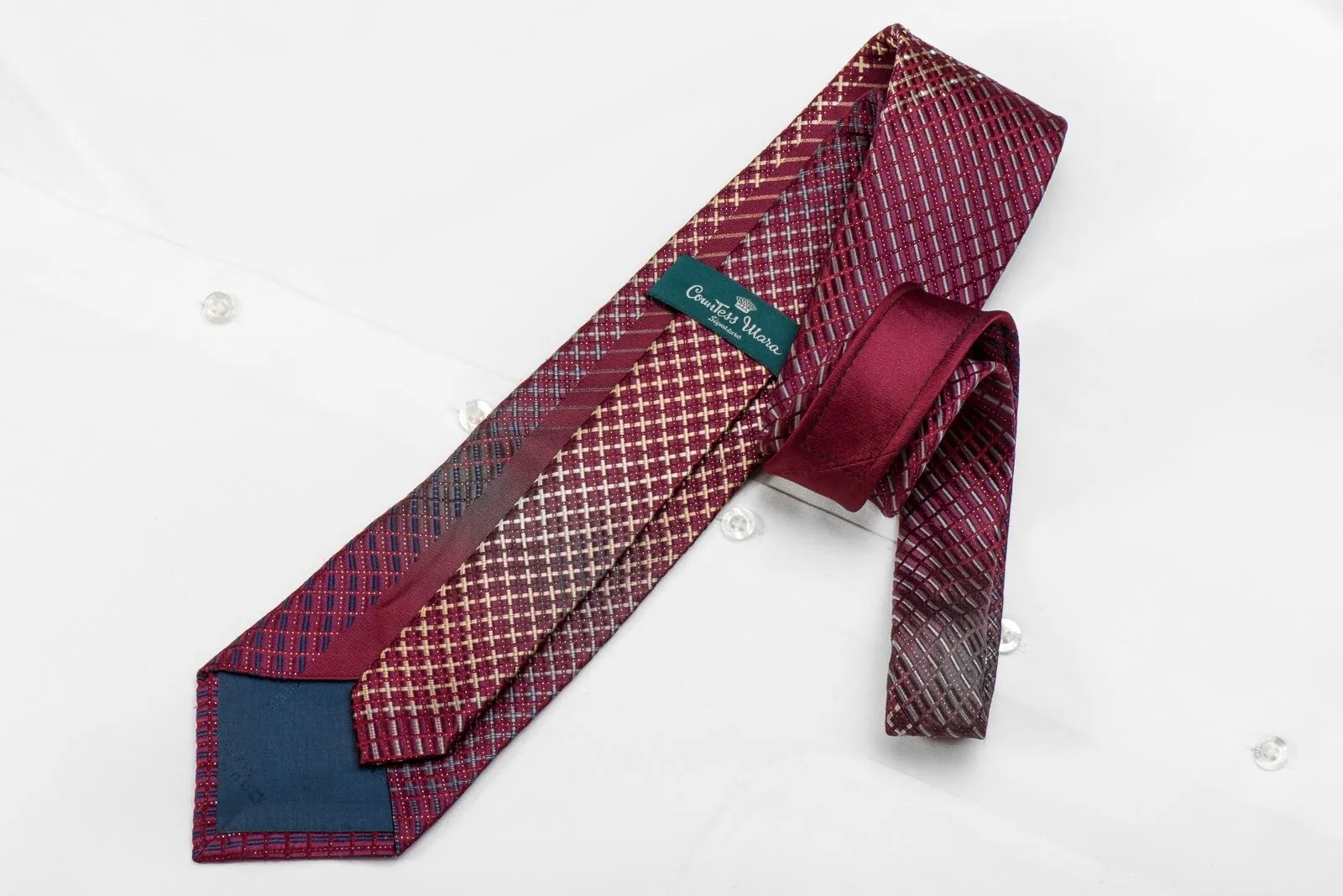 Countess Mara Men's Crystal Silk Tie Gold Gray Geometric On Burgundy With Sparkles