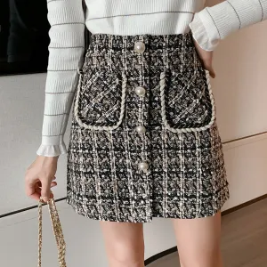 Country Chequered Skirt Women Korean High Waist Wool Slim Look Hip Flattering A-Line Skirt