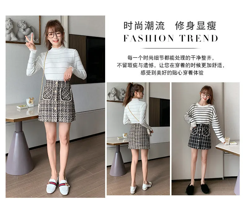 Country Chequered Skirt Women Korean High Waist Wool Slim Look Hip Flattering A-Line Skirt
