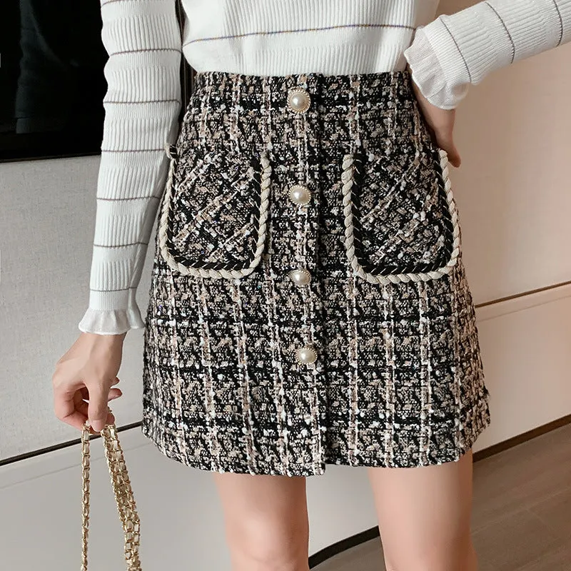 Country Chequered Skirt Women Korean High Waist Wool Slim Look Hip Flattering A-Line Skirt