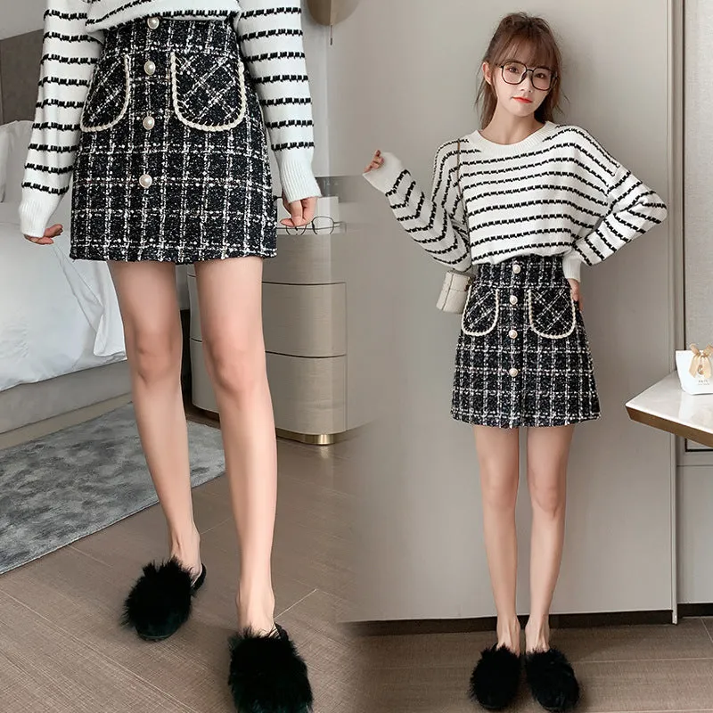 Country Chequered Skirt Women Korean High Waist Wool Slim Look Hip Flattering A-Line Skirt