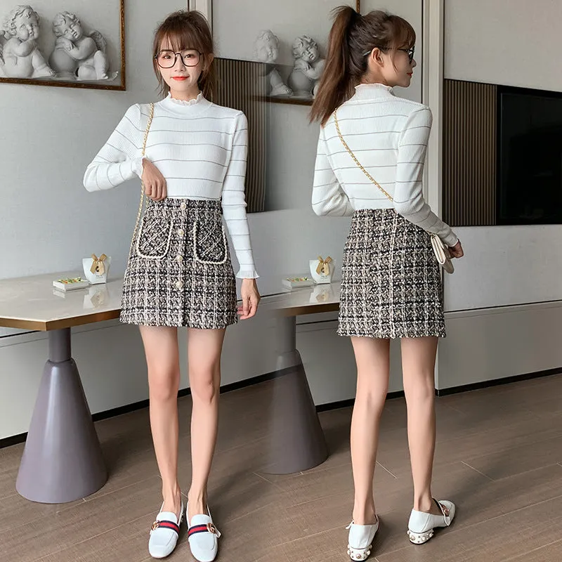 Country Chequered Skirt Women Korean High Waist Wool Slim Look Hip Flattering A-Line Skirt
