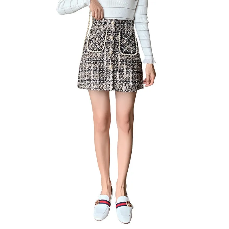 Country Chequered Skirt Women Korean High Waist Wool Slim Look Hip Flattering A-Line Skirt