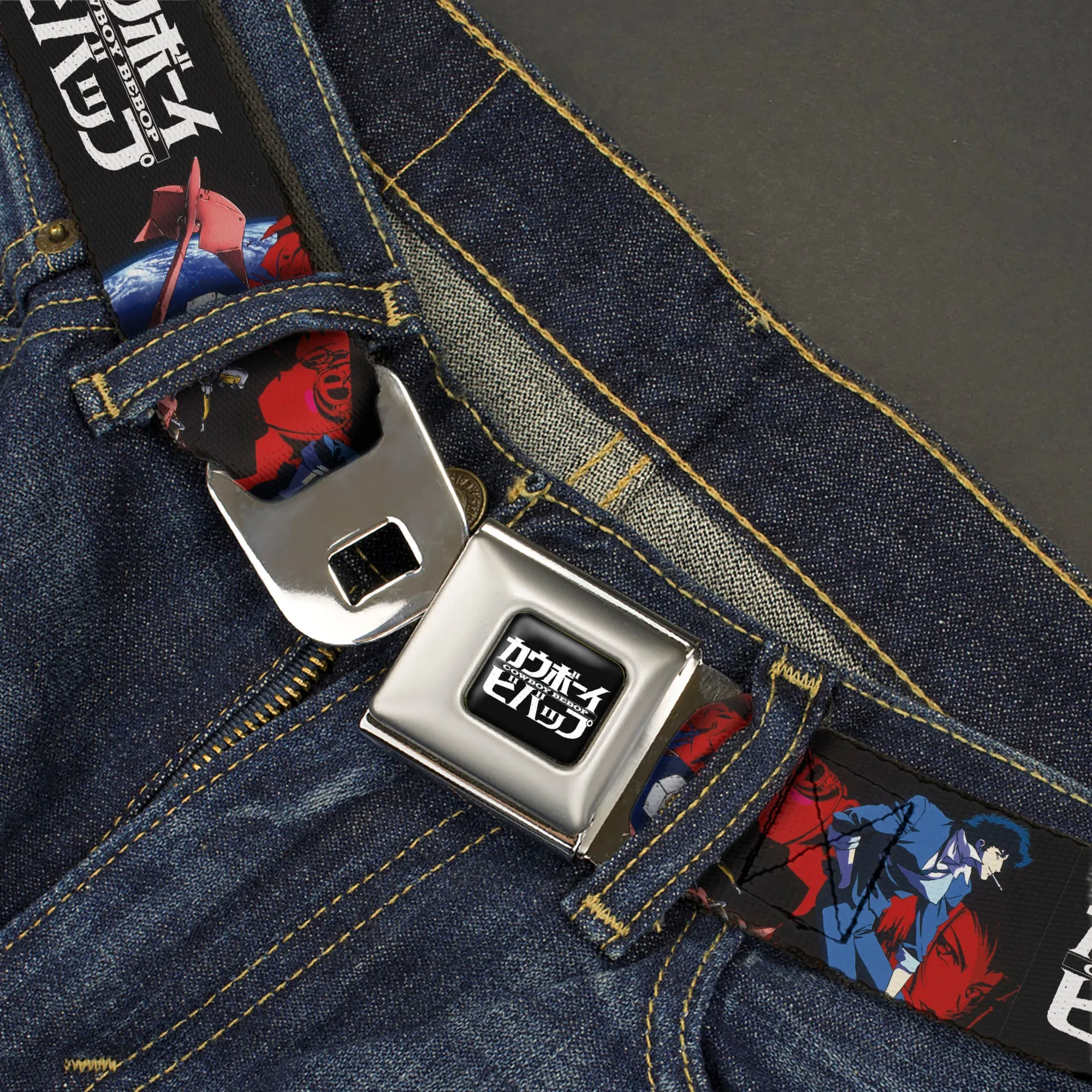 COWBOY BEBOP Title Logo Full Color Black/White Seatbelt Belt - COWBOY BEBOP Spike Pose and Crew Collage and Title Logo Black Webbing