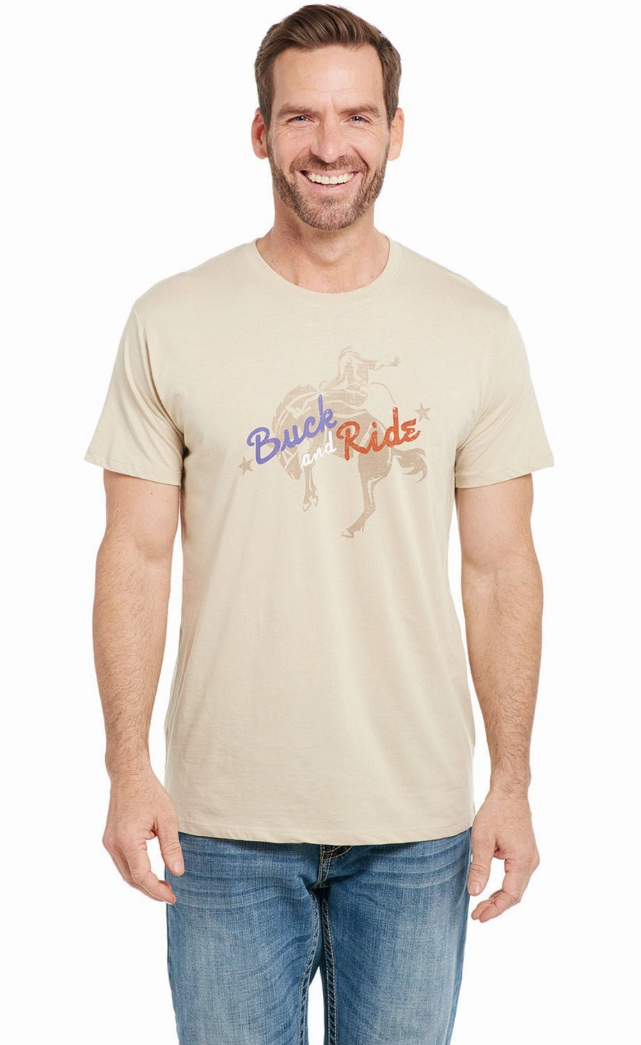 Ribbed Collar Design Essential Style Wear Cowboy Up Mens Buck and Ride Heather Oatmeal Cotton Blend S/S T-Shirt