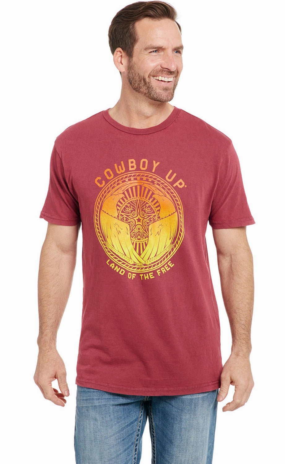 Easy Wear Look Cowboy Up Mens Land Of The Free Vintage Red 100% Cotton S/S T-Shirt