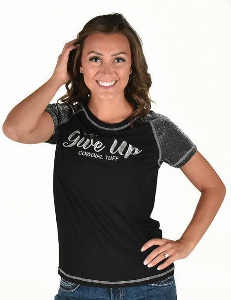 Cowgirl Tuff Womens Never Give Up Shimmer Black Nylon S/S T-Shirt Pastel Shade Quick Dry Technology