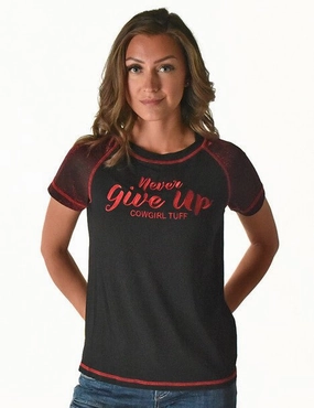 Cowgirl Tuff Womens Never Give Up Shimmer Dark Red Nylon S/S T-Shirt Linen blend Active Lifestyle