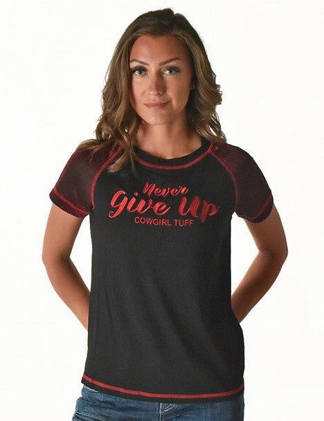 Bold colors Cowgirl Tuff Womens Never Give Up Shimmer Dark Red Nylon S/S T-Shirt