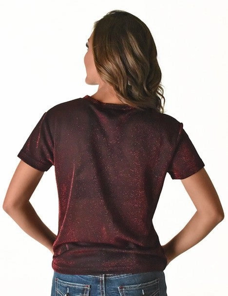 Contemporary Look Matte Look Cowgirl Tuff Womens Shimmer Breathe V Dark Red Nylon S/S T-Shirt