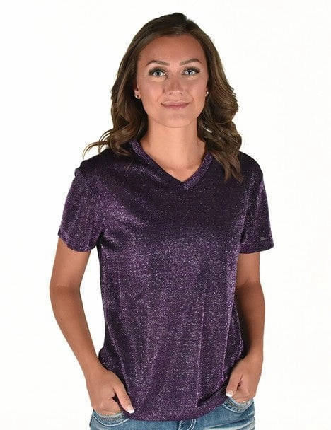 Cowgirl Tuff Womens Shimmer Breathe V Purple Nylon S/S T-Shirt Trendsetter Choice Athleisure Trend