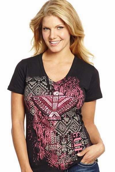 Subtle pattern Bamboo Fiber Blend Cowgirl Up Womens Black Cotton S/S T-Shirt Tribal Foil V-Neck