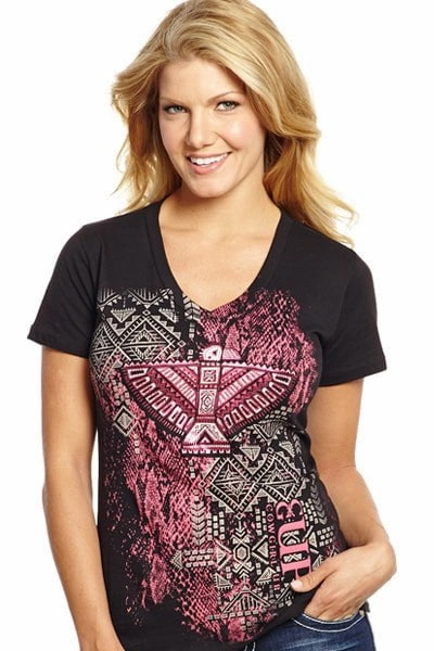 Abrasion resistant Casual Friday Cowgirl Up Womens Black Cotton S/S T-Shirt Tribal Foil V-Neck
