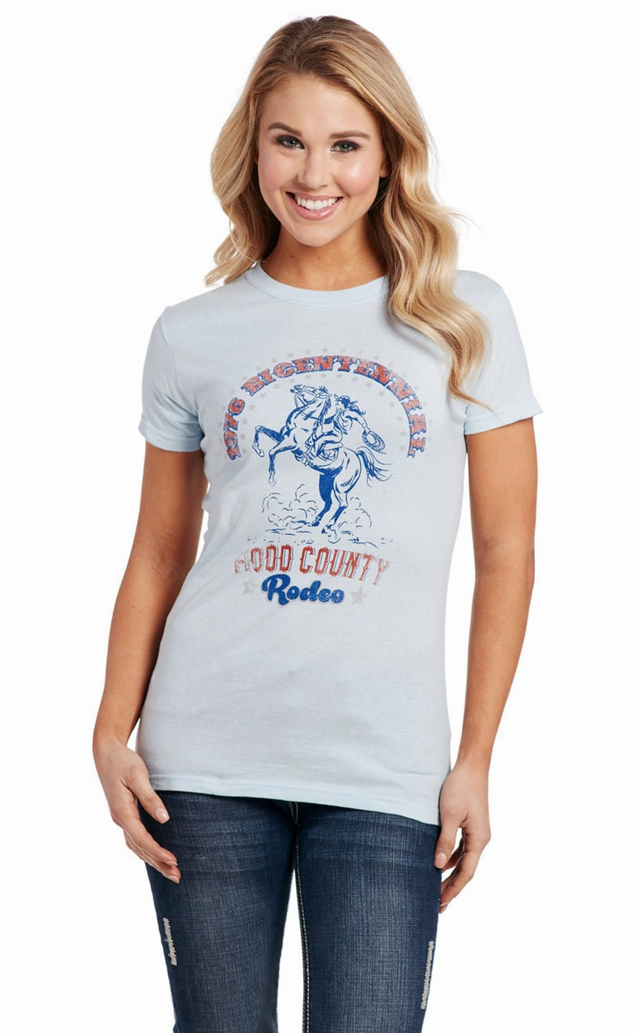 Outdoor Adventure Easy Wear Cowgirl Up Womens Hood County Rodeo Light Blue 100% Cotton S/S T-Shirt