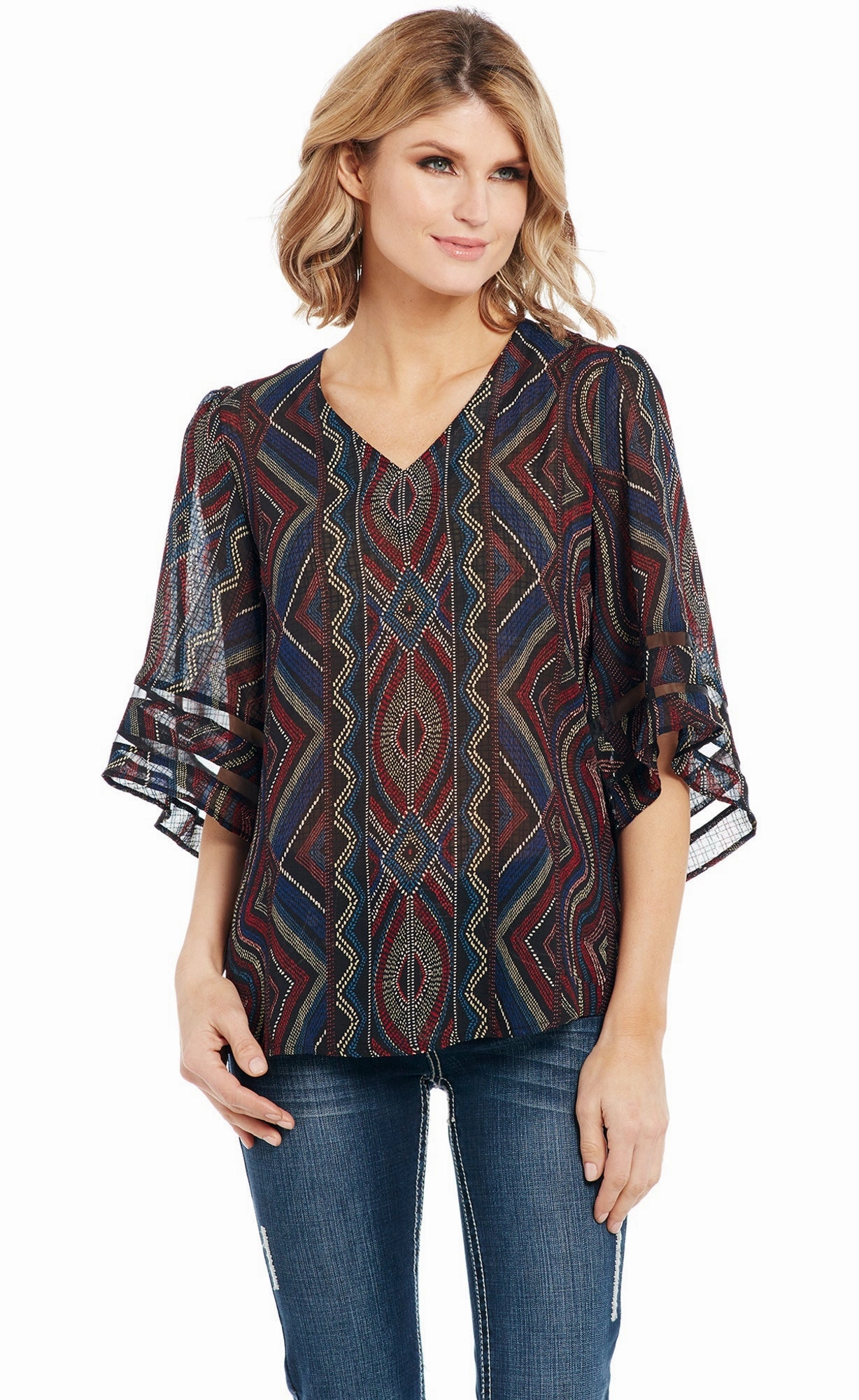 Cowgirl Up Womens Multi-Color Polyester Geometric V-Neck Tunic S/S All-Weather Ready Perfect Wear