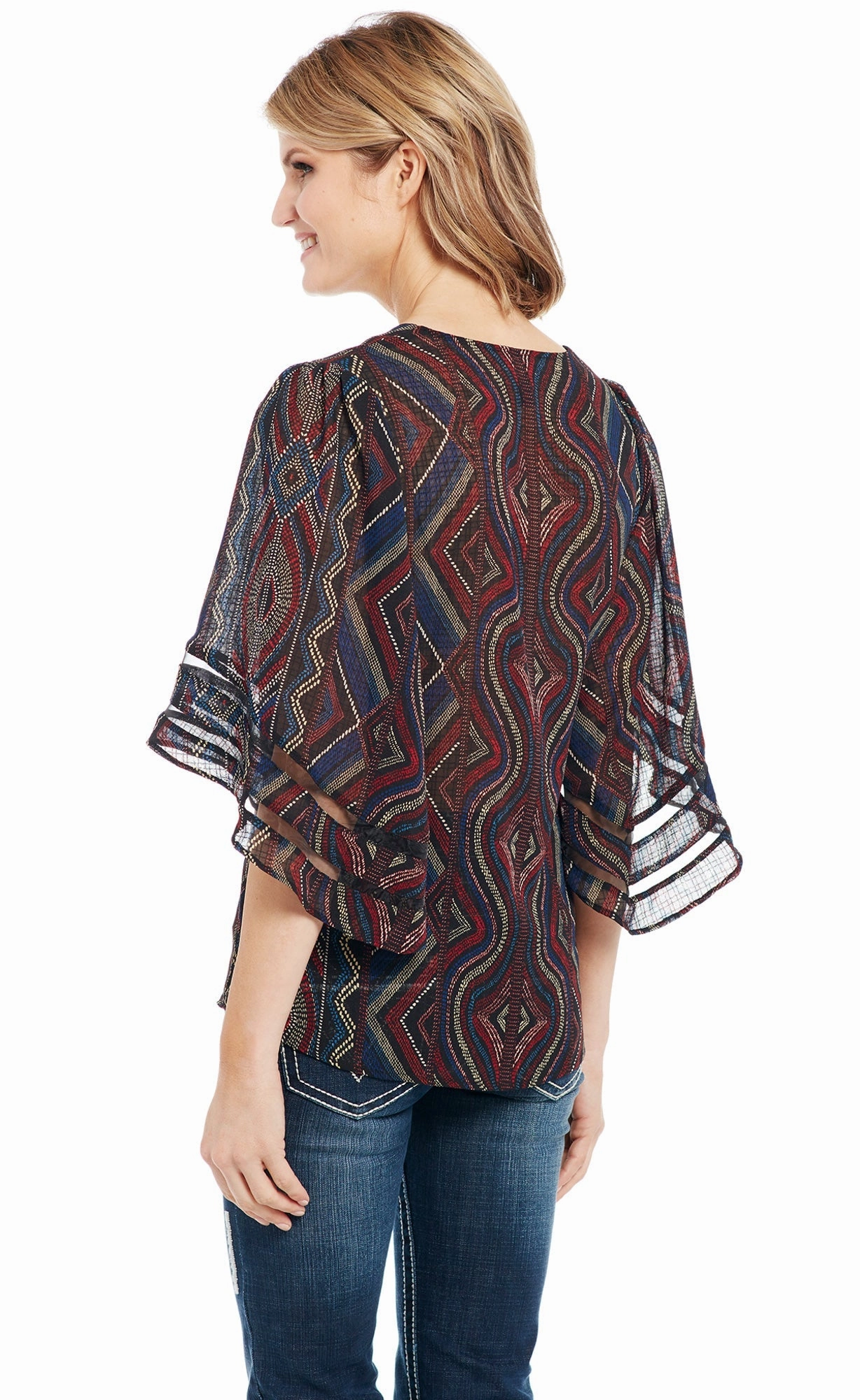 Cowgirl Up Womens Multi-Color Polyester Geometric V-Neck Tunic S/S high-low hem Trendy designs