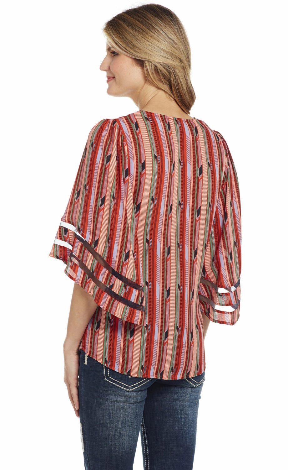 Functional Pocket Work-to-Weekend Cowgirl Up Womens Red/Green Polyester Striped Blouse S/S