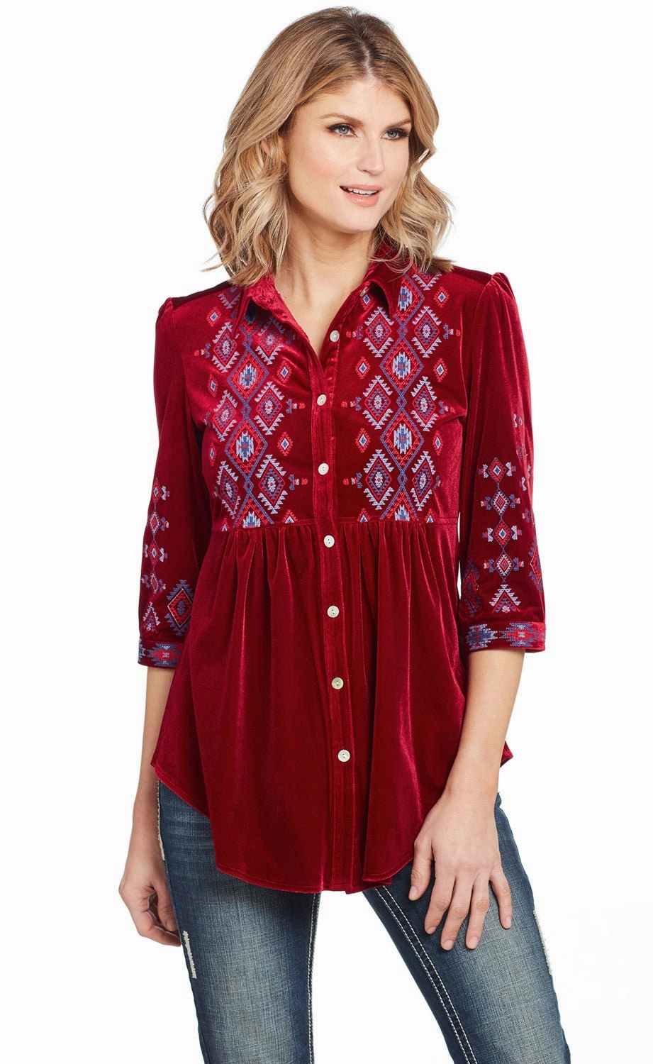 Cowgirl Up Womens Red Polyester Geometric Blouse S/S Cocktail Event youth trend